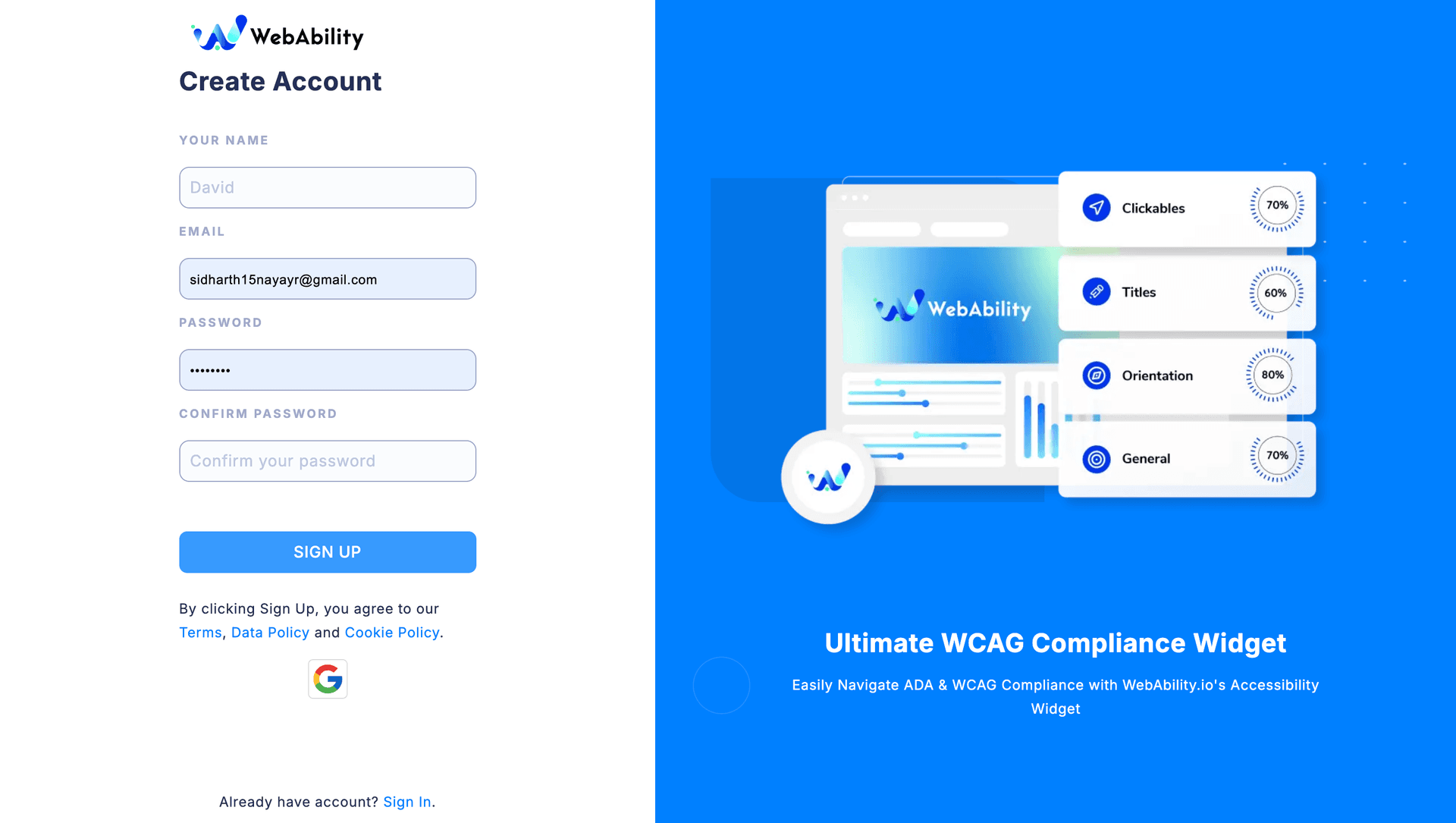 Screenshot for WebAbility Sign up