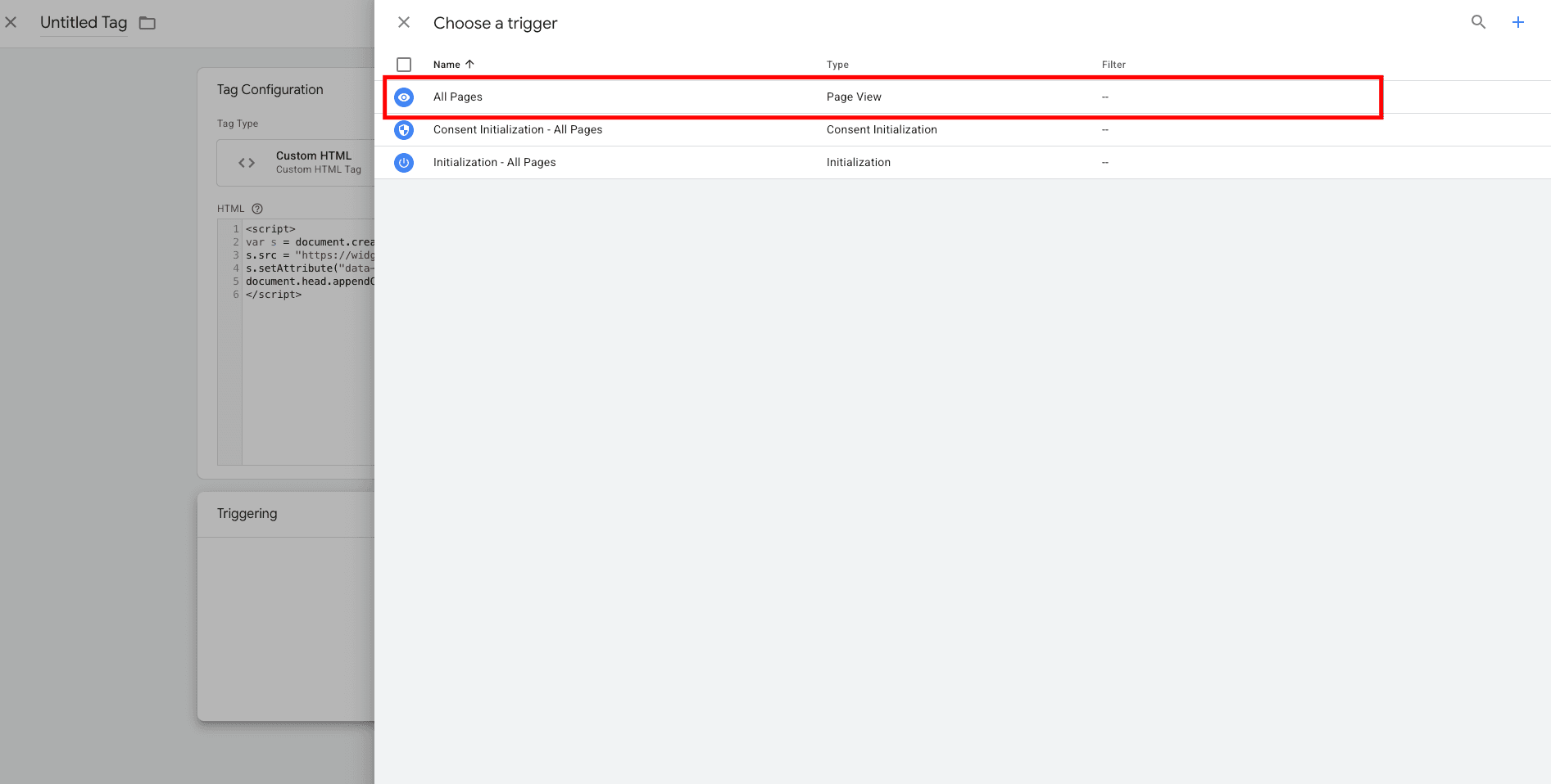 Screenshot of Google Tag Manager All Pages