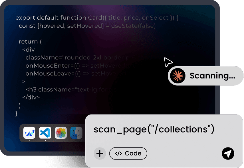 An editor showing a React component with a Scanning indicator and a scan_page call on the /collections route
