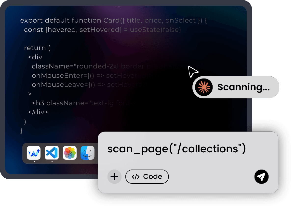 An editor showing a React component with a Scanning indicator and a scan_page call on the /collections route