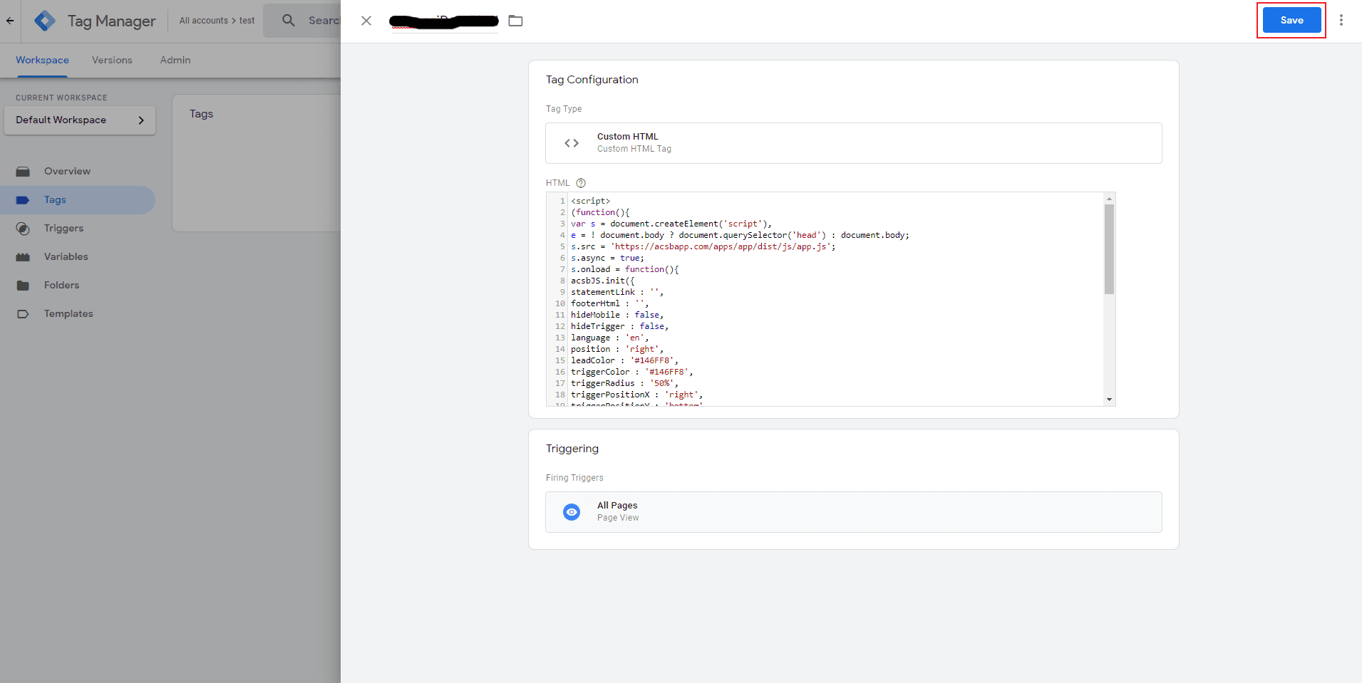 Screenshot of Google Tag Manager Save