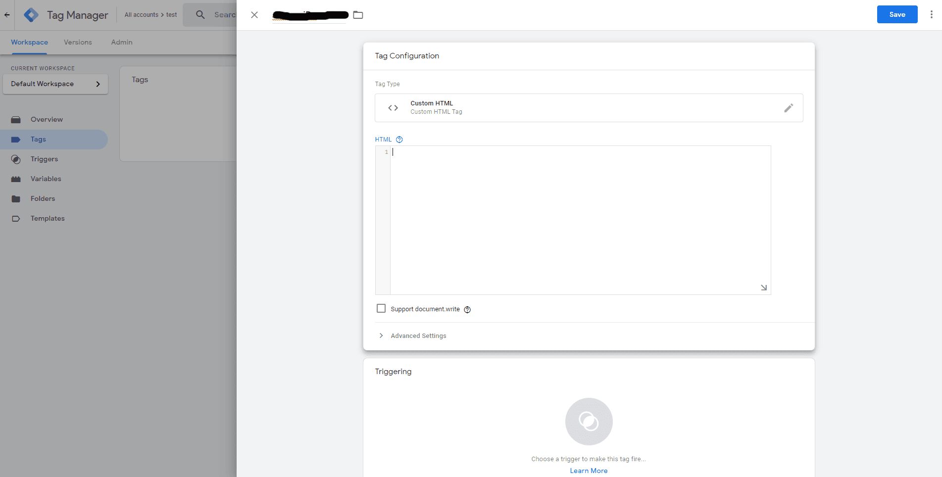 Screenshot of Google Tag Manager Tag Custom HTML