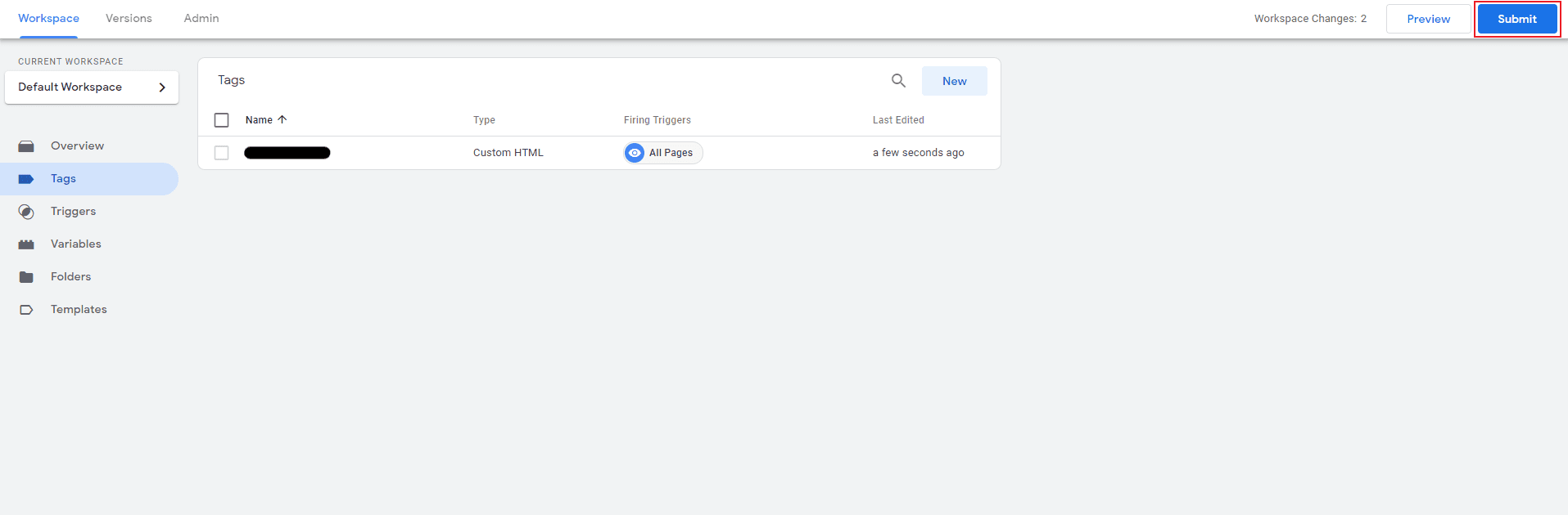 Screenshot of Google Tag Manager Tag Custom Submit