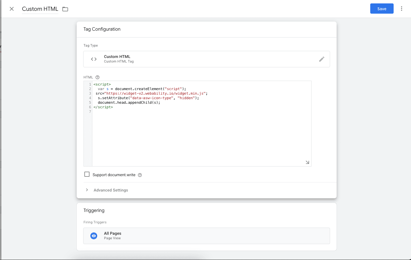 Screenshot of Google Tag Manager Tag Custom HTML Triggering