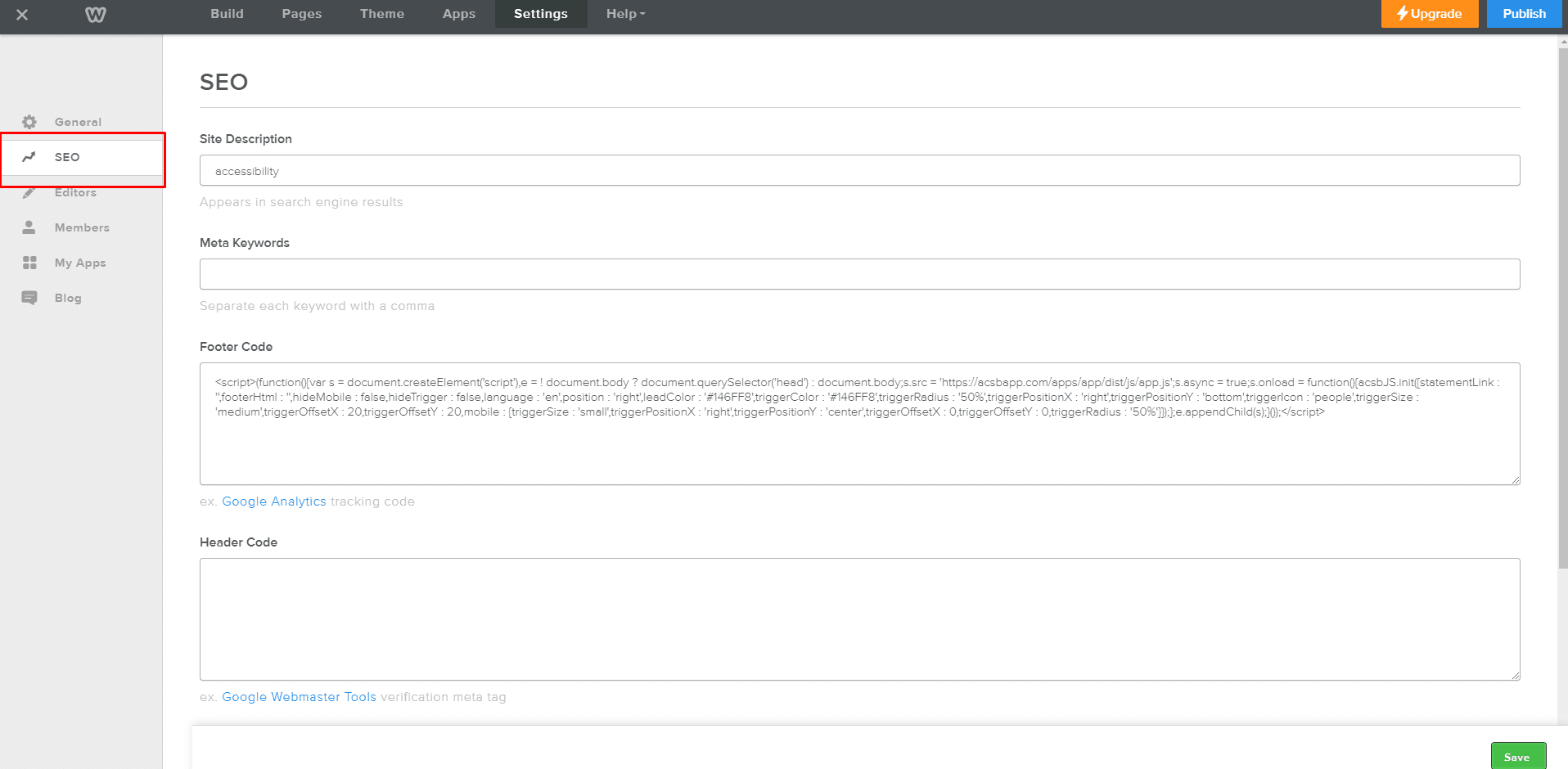 Screenshot of  Weebly Website Editor SEO Section