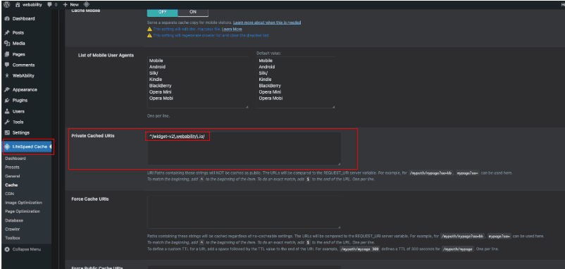 WordPress LiteSpeed Cache settings: Cache screen with Private Cached URIs highlighted, showing the WebAbility widget path pattern entered in the text area.