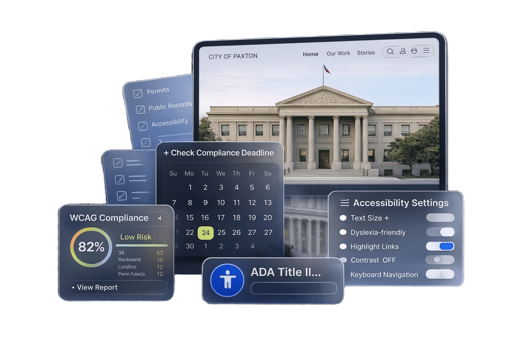 Preview of the ADA Title II checker: a government city website (City of Paxton) being audited, showing an 82% WCAG compliance score with Low Risk rating, a compliance deadline calendar, and an accessibility settings panel