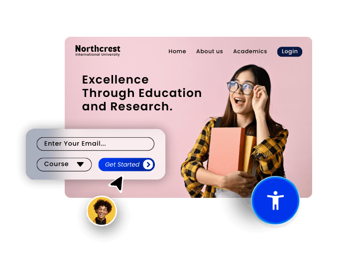 University website mockup showing student with books and accessible interface features for educational platforms