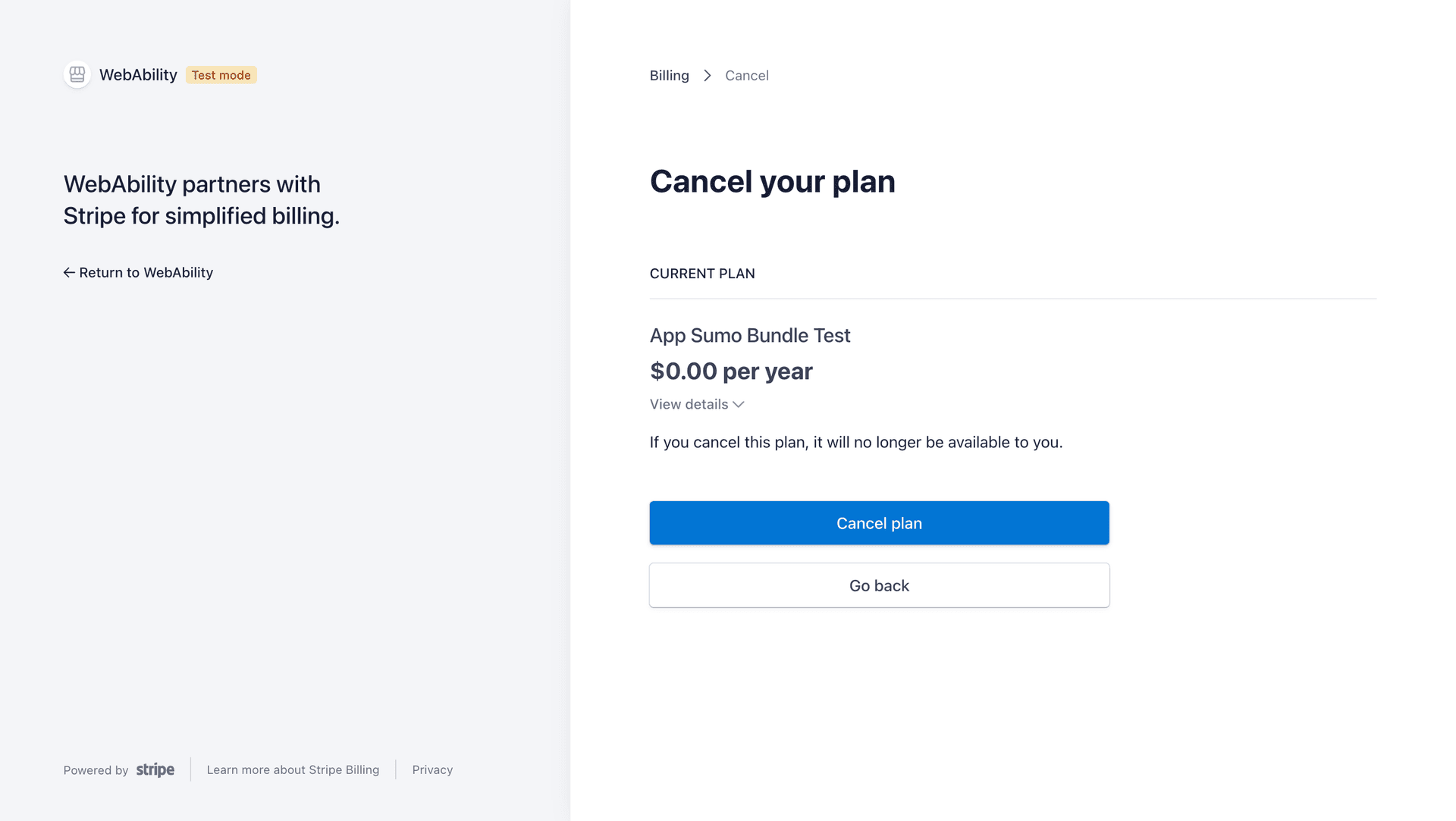 Screenshot for WebAbility Billing Portal Cancel Plan