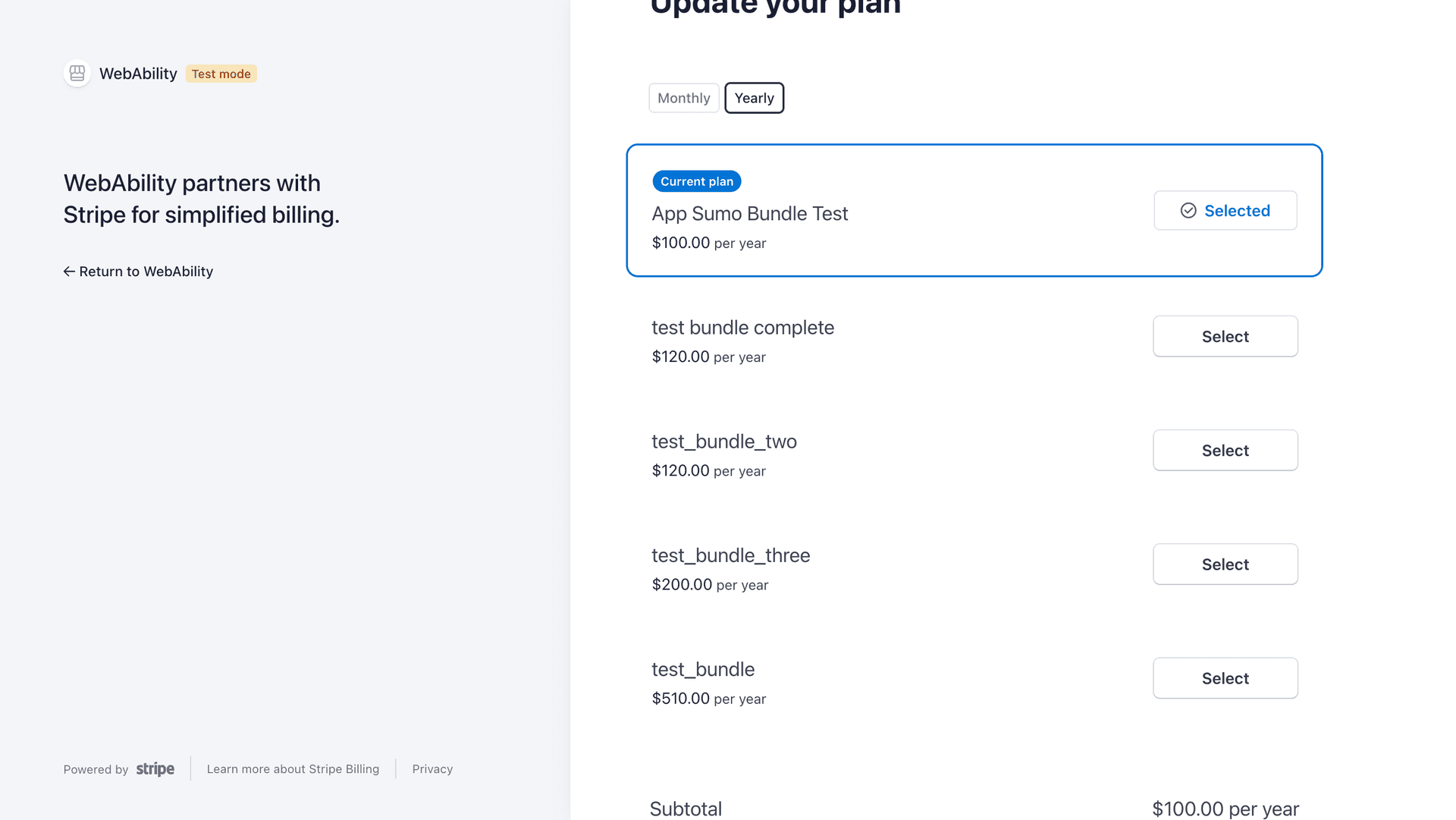 Screenshot for WebAbility Billing Portal Update Plan