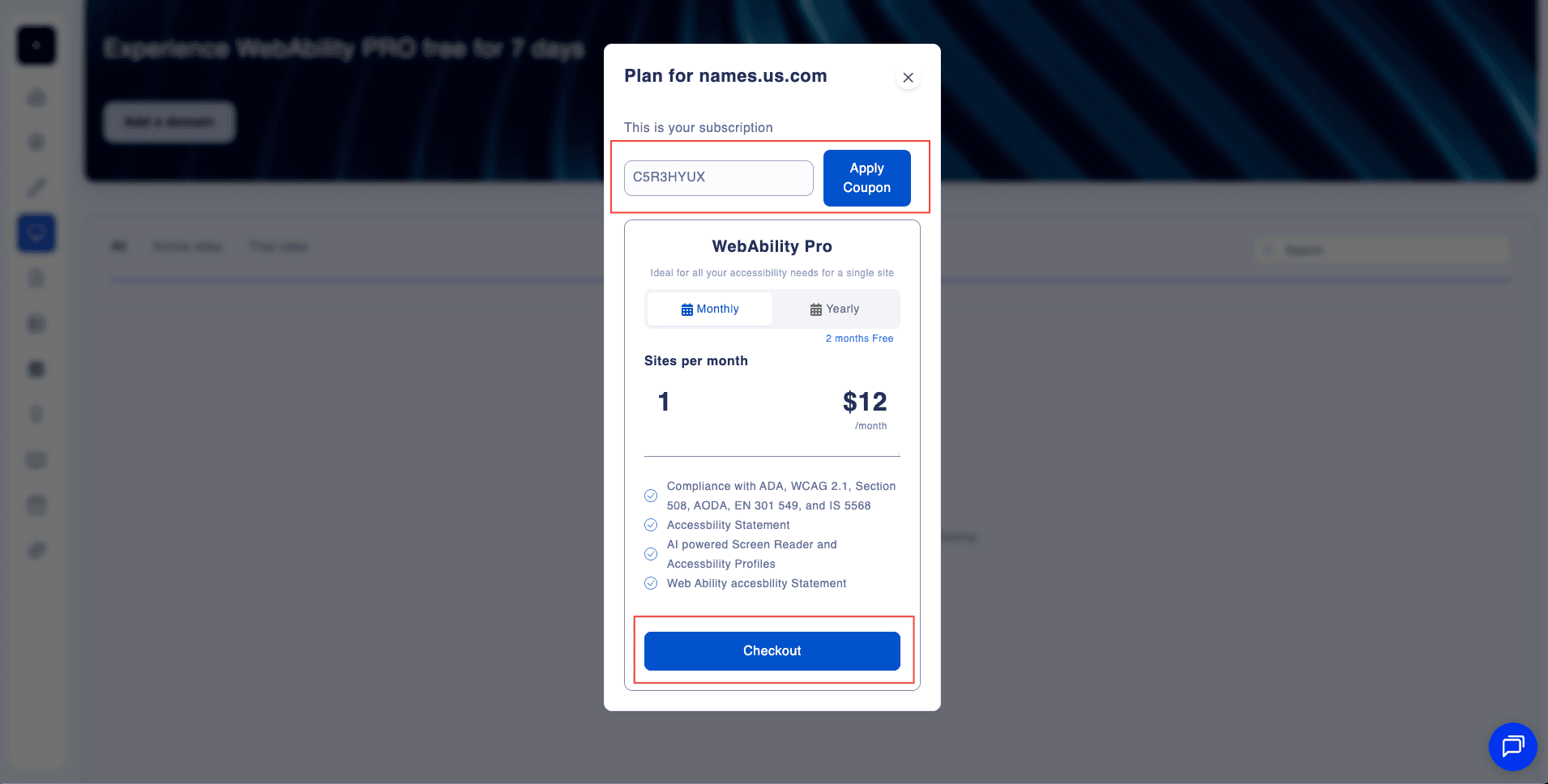 Plan modal: Apply coupon and select billing for WebAbility Pro Plan modal: Apply coupon and select billing for WebAbility Pro