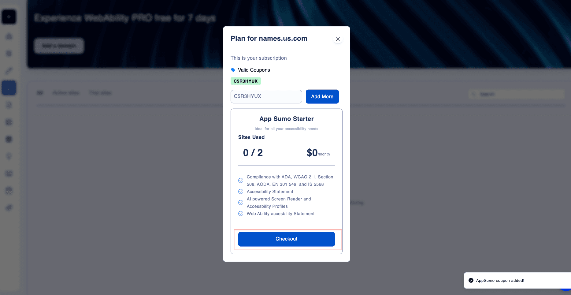App Sumo Starter plan displayed after coupon applied App Sumo Starter plan displayed after coupon applied