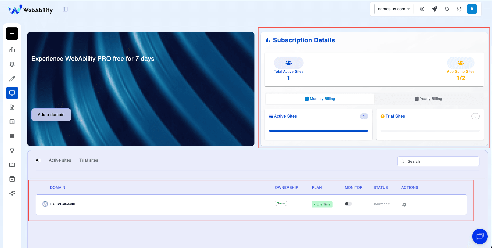 My Sites dashboard with subscription details and domain list My Sites dashboard with subscription details and domain list