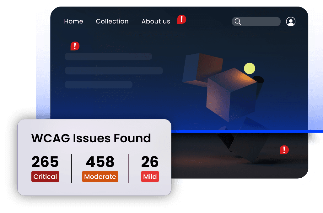 A site scan listing 265 critical, 458 moderate and 26 mild WCAG issues.