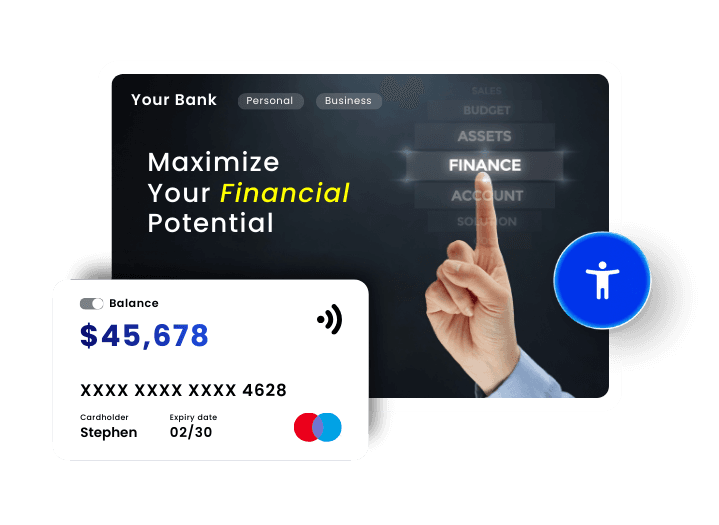 Banking dashboard interface showing financial management tools with balance display, credit card information, and accessibility features