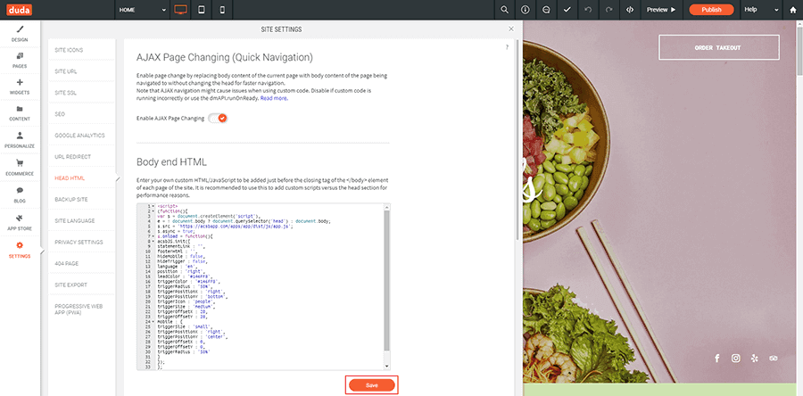 Screenshot of Site Settings Body End HTML save Site Settings Body End HTML save