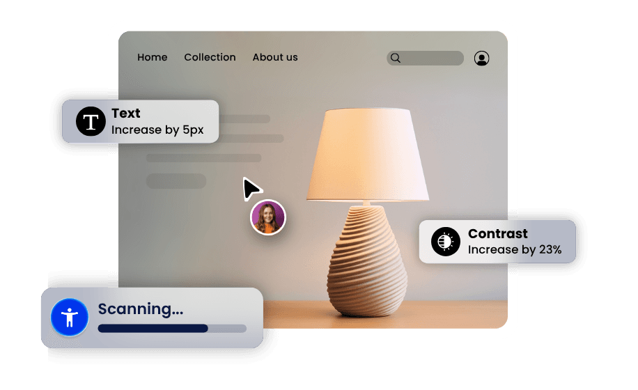 A WebAbility scan in progress on a live e-commerce website, automatically increasing text size and boosting contrast for accessibility