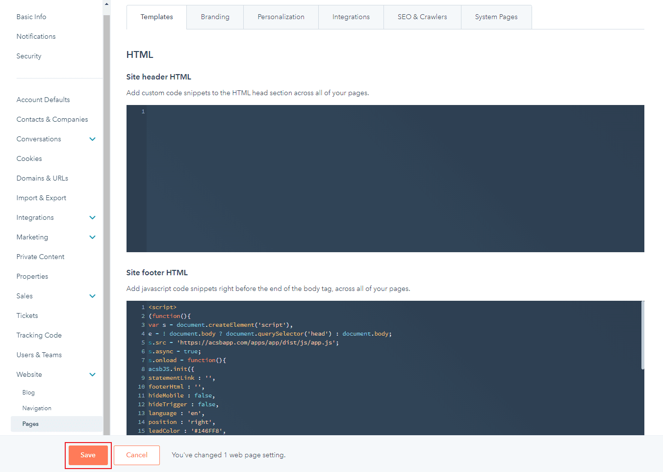 Screenshot of Hubspot Website Site Footer HTML section Save Screenshot of Hubspot Website Site Footer HTML section Save