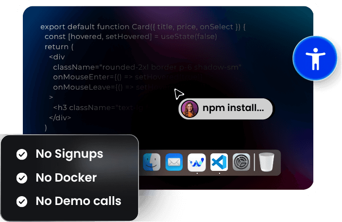 An editor running npm install for the WebAbility MCP, alongside three points: no signups, no Docker, no demo calls