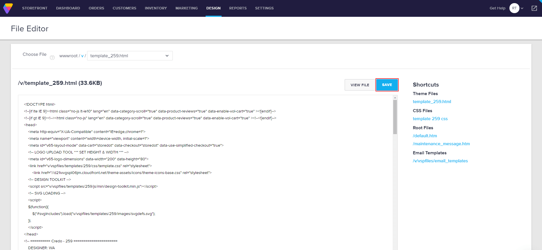 Screenshot of Volusion Dashboard File Editor Site HTML Save Volusion Dashboard File Editor Site HTML Save