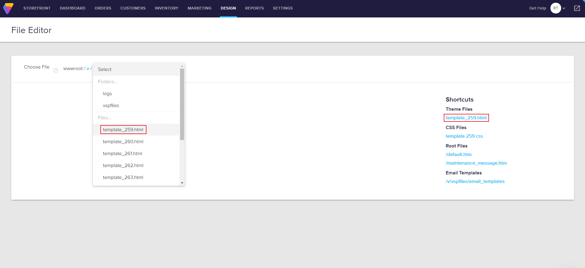 Screenshot of Volusion Dashboard File Editor Volusion Dashboard File Editor